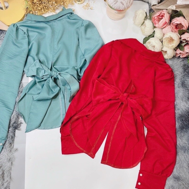Áo sơmi phi lụa nút bọc NHIỀU MÀU cách điệu phối nơ lưng hot lắm ạ PC