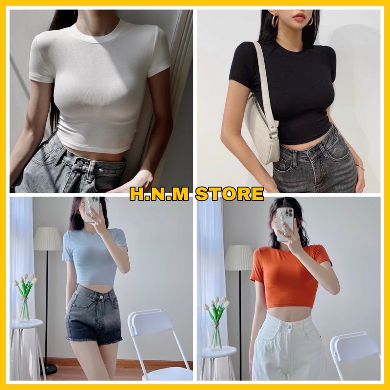 (Chuyên sỉ - ảnh thật ) Áo croptop tay ngắn cổ tròn from ôm dưới 53kg chất thun mát có dãn H.N.M STORE