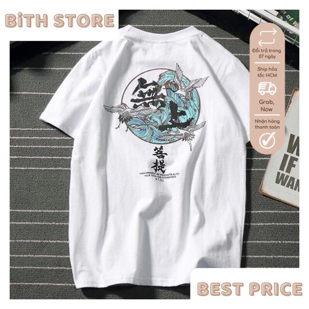 Áo thun cổ tròn nam in chim hạc chất cotton co dãn 4 chiều mặc mùa hè