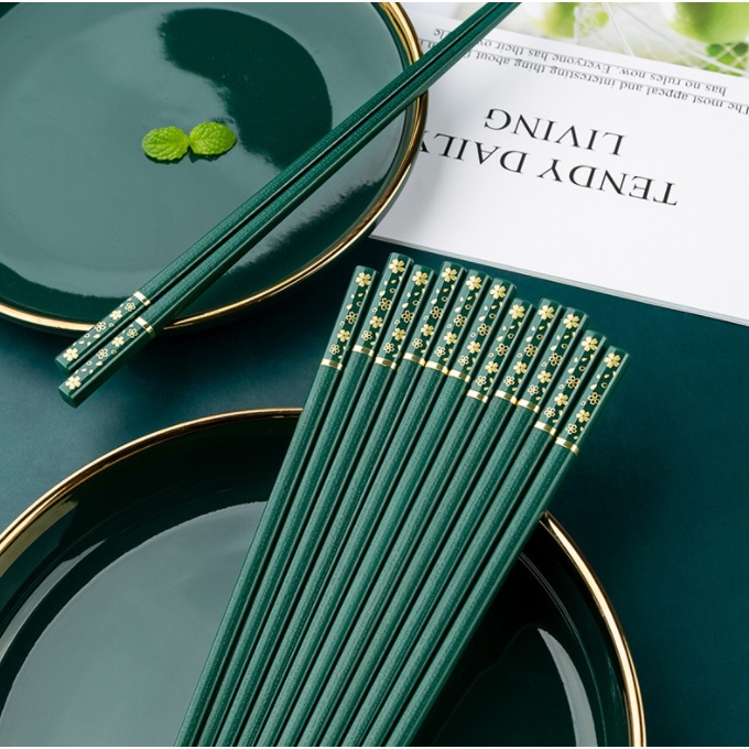 Bộ 5 đôi đũa xanh rêu lá và hoa đơn giản sang trọng T08