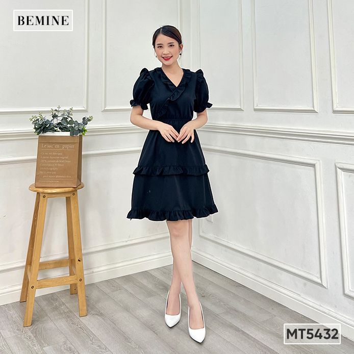Đầm cổ V phối bèo BEMINE MT5432DEN