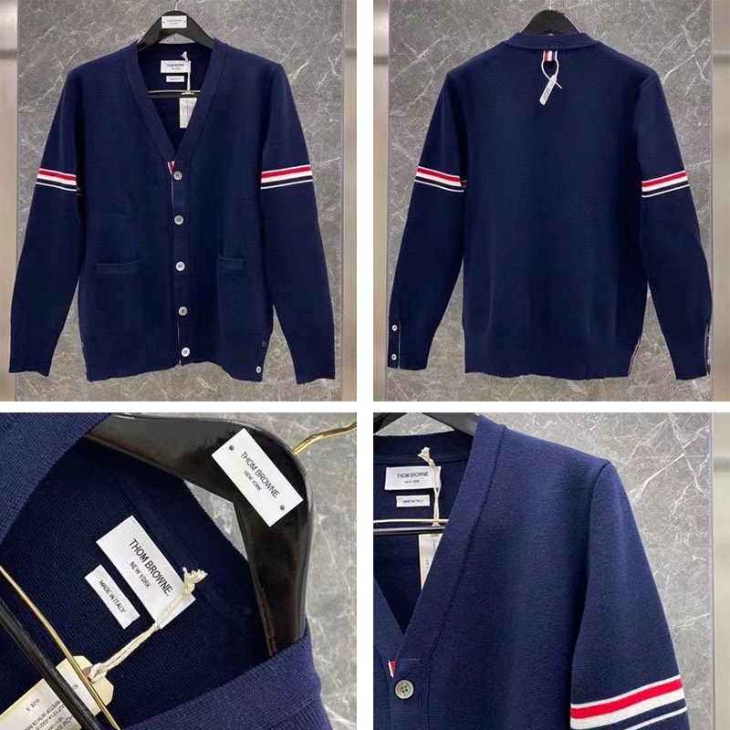 Áo khoác cardigan 3 sọc cao cấp, Áo len dệt kim kẻ sọc thổ cẩm màu xám cho các cặp đôi, Áo cardigan nam nữ