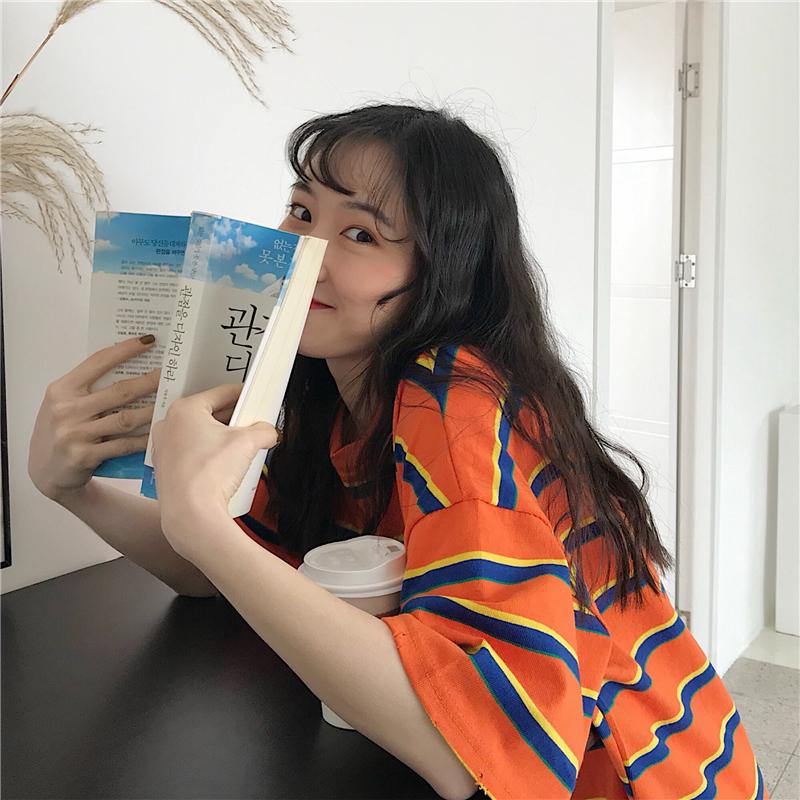 Áo thun sọc ngang tay lỡ form rộng Dáng Rộng In Chữ Hàn Quốc