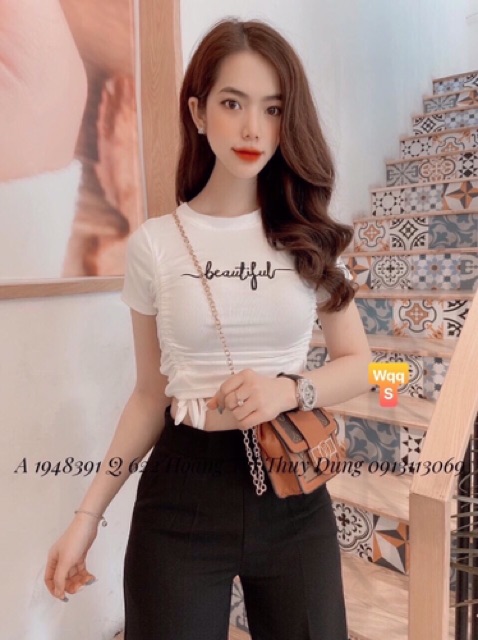 Áo croptop dây rút thêu chữ 6 màu thun cotton loại xịn RICH STORE CRT25