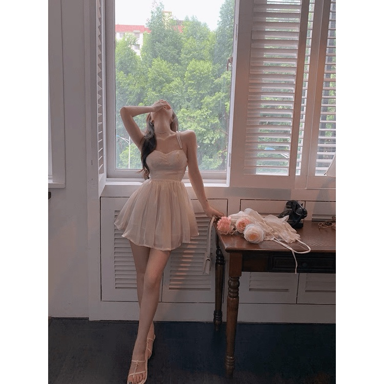 (Free ship) Mẫu HOT Thiết Kế Trend 2022 -- Đầm Tơ Hở Lưng Hai Dây Đính Cườm Tôn Dáng Y Hình UP HHP Fashion