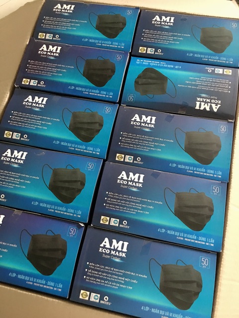 [SIÊU HOT - Màu đen cá tính] Hộp 50 cái khẩu trang y tế AMI 4 lớp đạt tiêu chuẩn ISO 9001/AMI ECO MASK Super Carbon