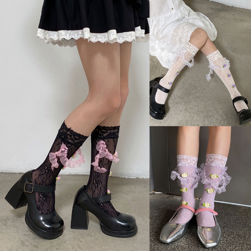 1 Đôi Tất Lưới Ren Hoa Mỏng Thoáng Khí Phong Cách Nhật Bản Thời Trang Mùa Hè Cho Nữ