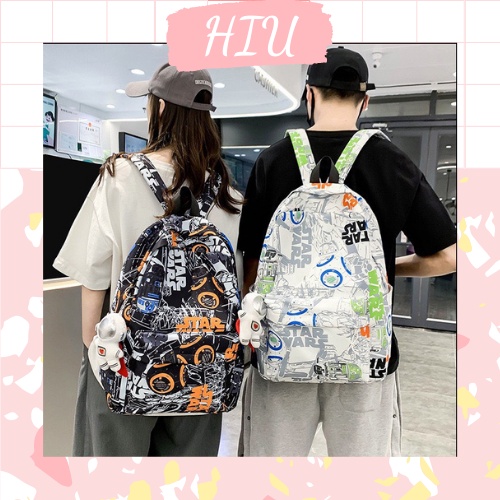 Balo unisex nam nữ đi học phong cách Graffiti cho học sinh cấp 2 cấp 3 vải dù chống nước kèm móc khóa ếch