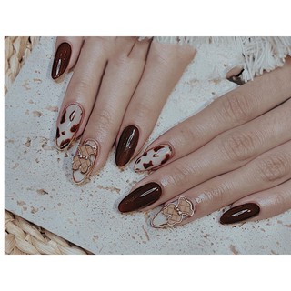 Móng úp thiết kế thủ công A391 gắn charm gấu đẹp, móng giả bò sữa hoạ tiết xinh xắn trẻ trung