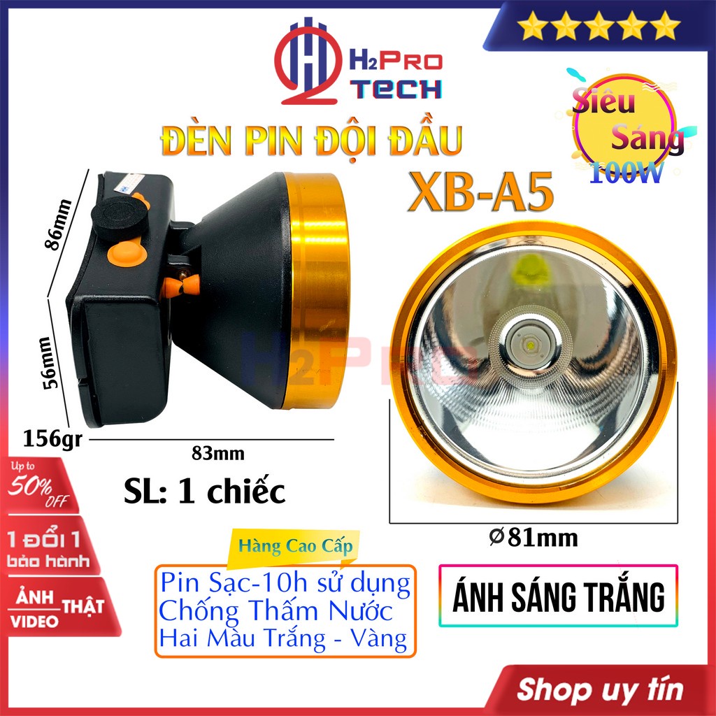 Đèn Pin Đội Đầu Siêu Sáng Led 100W A5, Đèn Pin Đội Đầu Pin Sạc 2400Mah Dùng 8-15H, Chịu Nước-Sáng Trắng-Vàng-H2Pro Tech