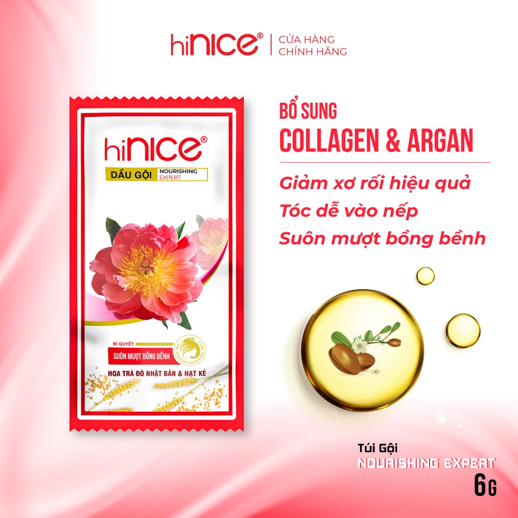 Dầu Gội hiNICE Hoa Trà Đỏ & Hạt Kê suôn mượt bồng bềnh 6g