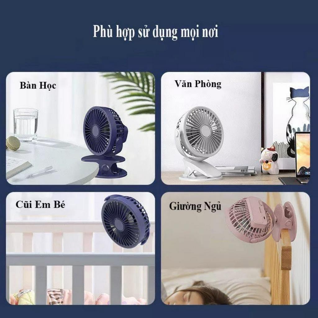 Quạt Tích Điện Để Bàn, Sử Dụng Pin Sạc, Quạt Mini, Kẹp Bàn Chắc Chắn, Xoay 720 Độ