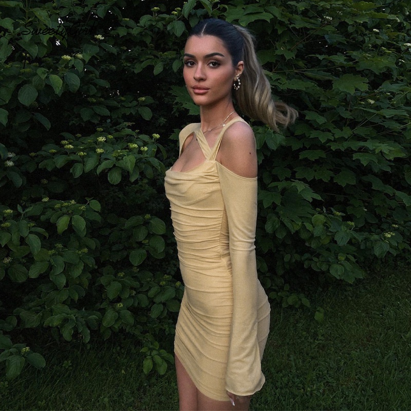 Đầm Mini Tay Dài Màu Trơn 2022 Thời Trang Quyến Rũ Cho Nữ