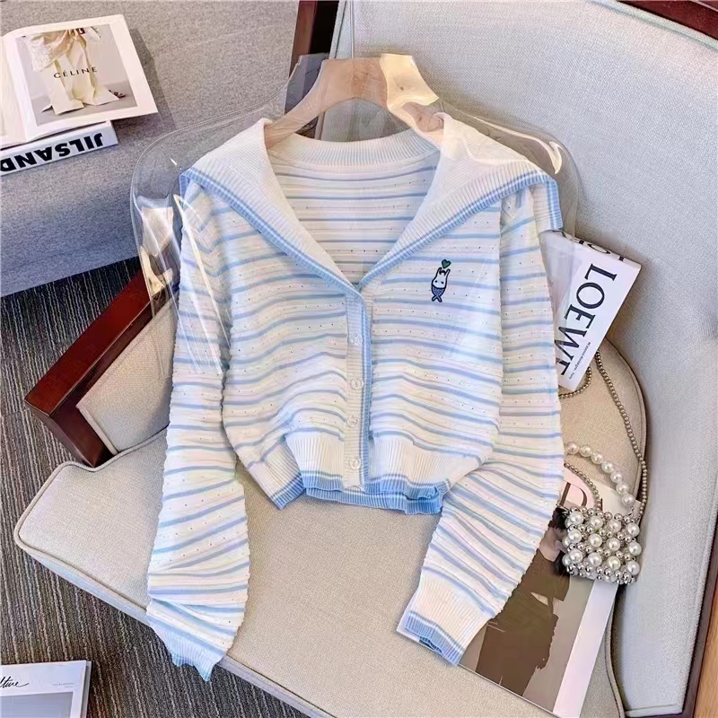 Áo cardigan ZHELIHANGFEI dệt kim tay dài cổ thủy thủ kẻ sọc dáng rộng dễ phối đồ