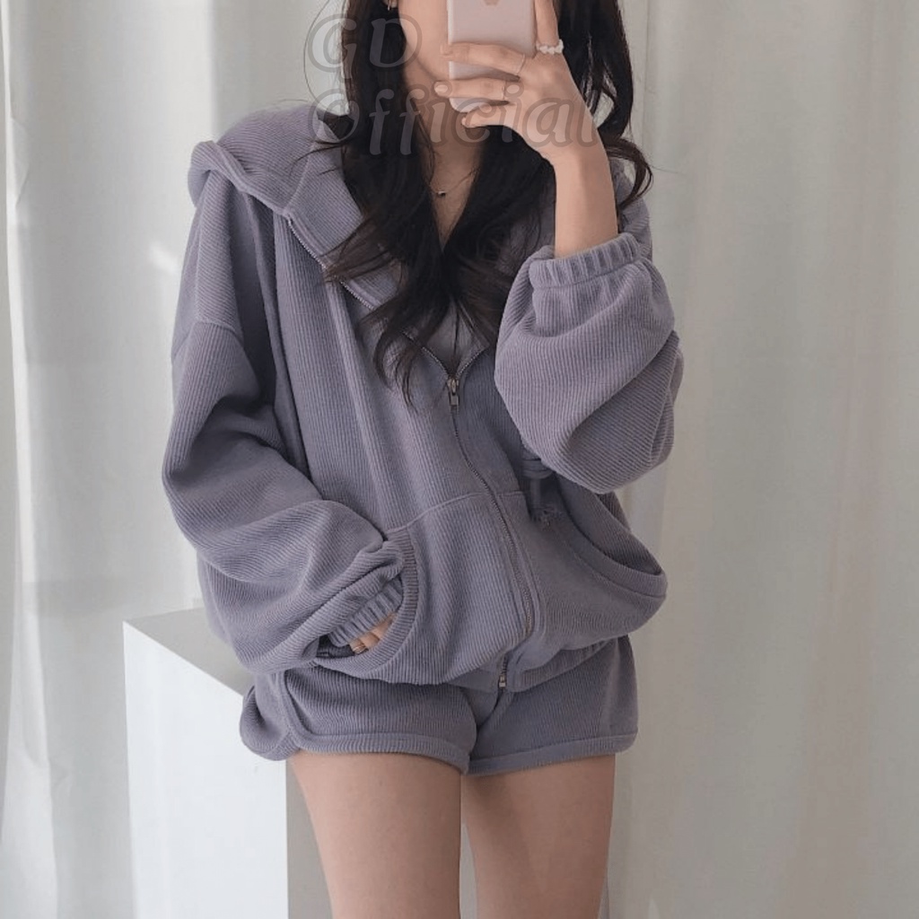 N9|Set bộ thể thao, mặc nhà áo hoodie dây kéo cá tính, quần short ngắn màu xanh, đen, tím GD Official