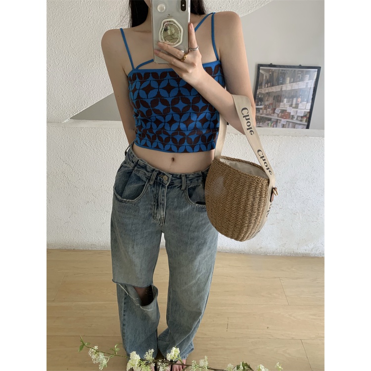 Áo Dệt Kim Hai Dây Dáng Ngắn Thời Trang Hàn Quốc Quyến Rũ Cho Nữ