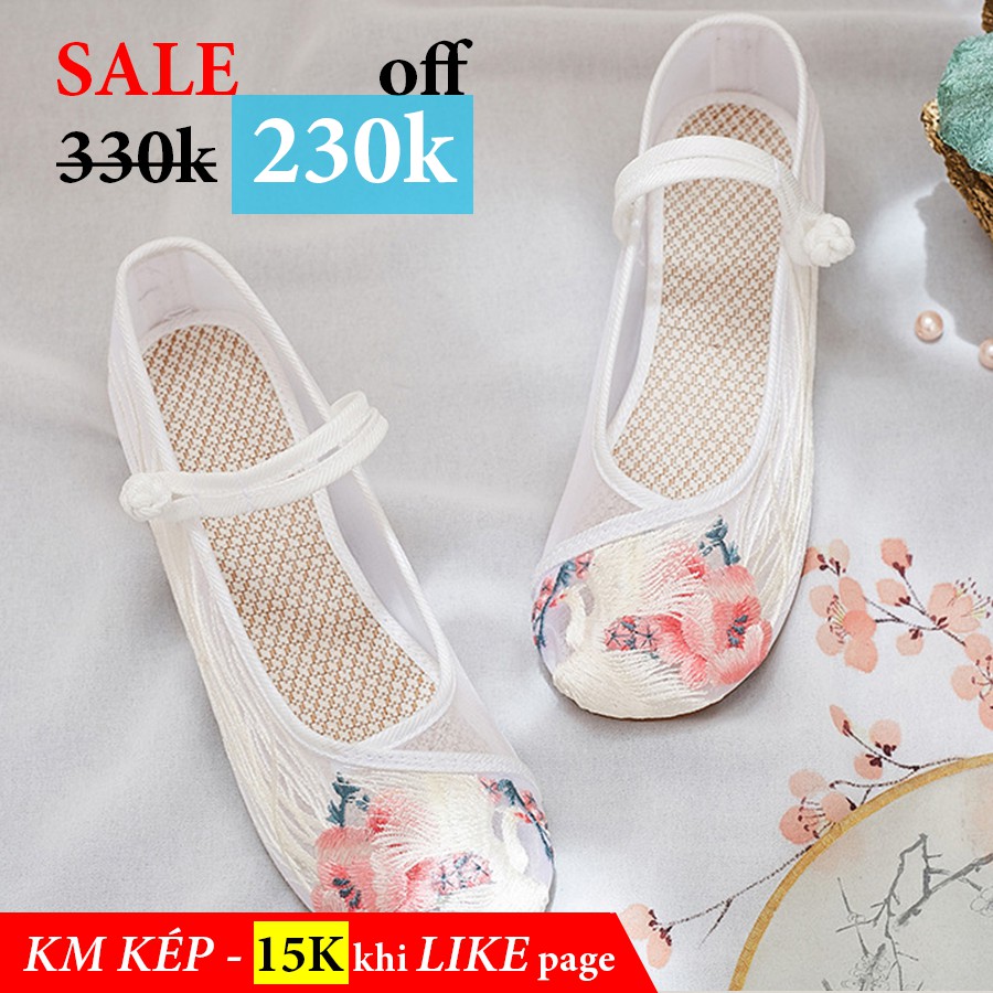 Giày thêu hoa lưới dây cài đế thấp | BigBuy360 - bigbuy360.vn