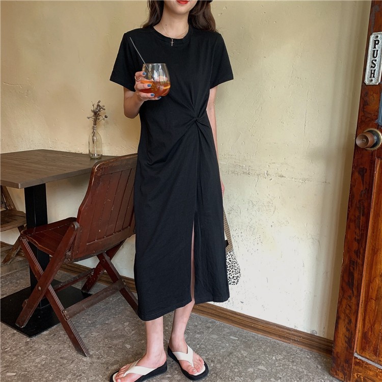 Đầm thun suông ngắn tay xoắn eo xẻ tà cá tính ulzzang