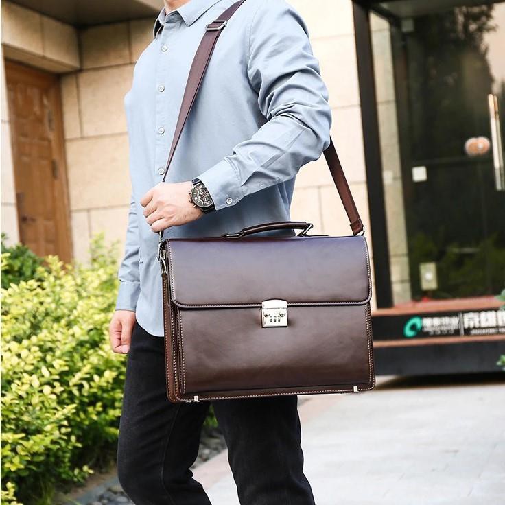 Cặp da công sở, giáo viên, công chức bảo vệ mật mã vân nâu tối | BigBuy360 - bigbuy360.vn