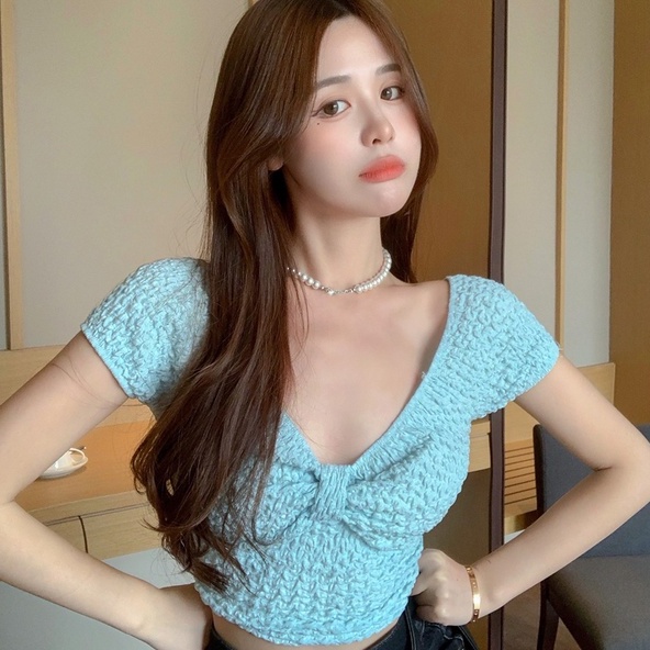 Áo dệt kim ZHELIHANGFEI ngắn tay cổ chữ V thắt nơ đáng yêu phong cách thời trang