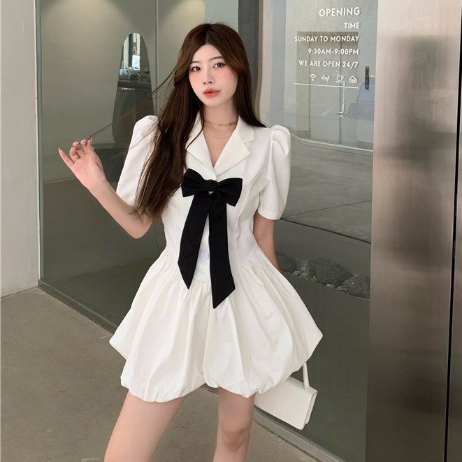 Đầm Phối Nơ Cổ Vest PEONYB Nữ [FREESHIP] 🌸 Váy babydoll đuôi bồng bánh bèo tiểu thư dáng xòe tay lỡ cá tính Ulzzang 🌸 | BigBuy360 - bigbuy360.vn