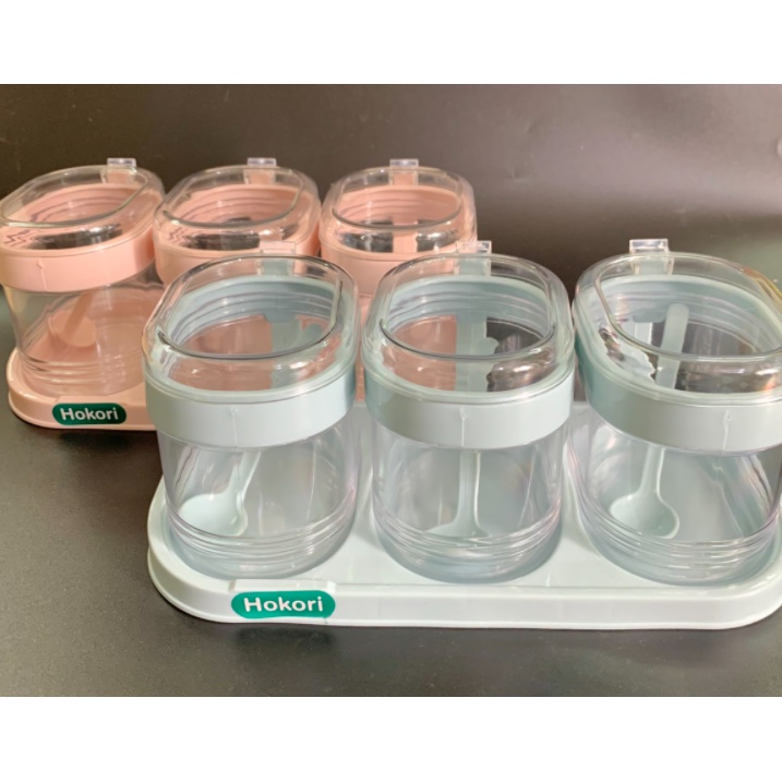 Bộ Hũ Gia Vị Cao Cấp HOKORI Kèm Thìa Chất Liệu Nhựa PP Nguyên Sinh An Toàn Sức Khỏe Người Dùng