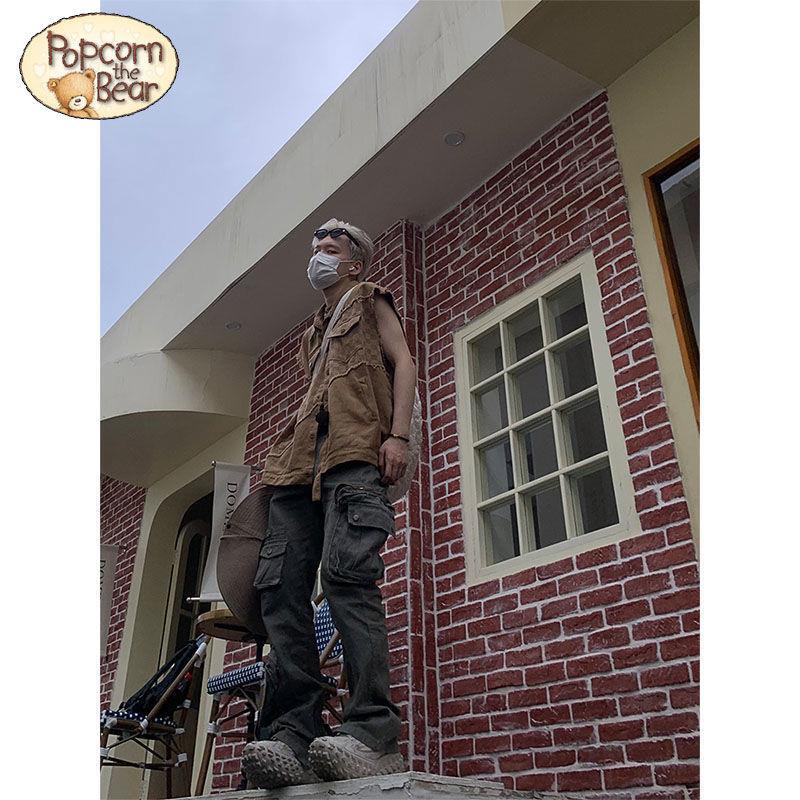 Bắp Rang Gấu  Áo Vest Denim Khâu Nhiều Túi + Quần Yếm Cotton