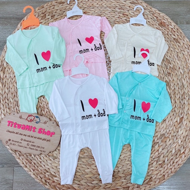 Set bộ dài tay thun lạnh cúc chéo kèm mũ, bộ quần áo i love mama, papa, đồ bộ thun lạnh cho bé trai, gái