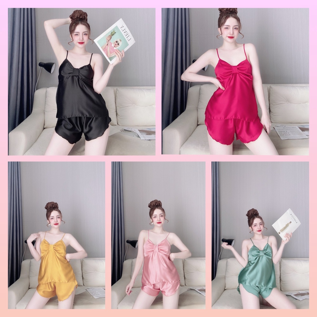 đồ ngủ sexy nữ, Bộ ngủ satin, đồ ngủ hai dây nơ satin loại 1 - cn54