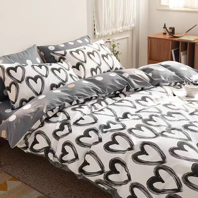 Bộ Chăn Ga Gối mẫu tim ga màu ghi chấm bi chất liệu cotton poly cho kích thước giường (drap) M2,M4,M6,M8,2M2, freesize