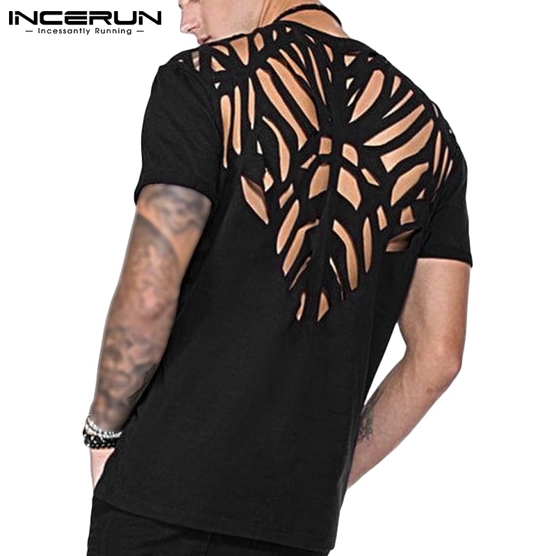 Áo thun nam INCERUN màu đen trơn tay ngắn lưng rỗng cá tính thời trang