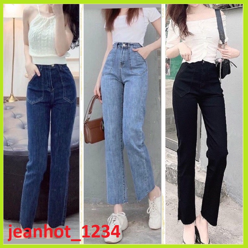 Quần bò jean ống đứng nữ co giãn 4 chiều loe suông rộng xuông jeans cạp cao Hottrend 2022