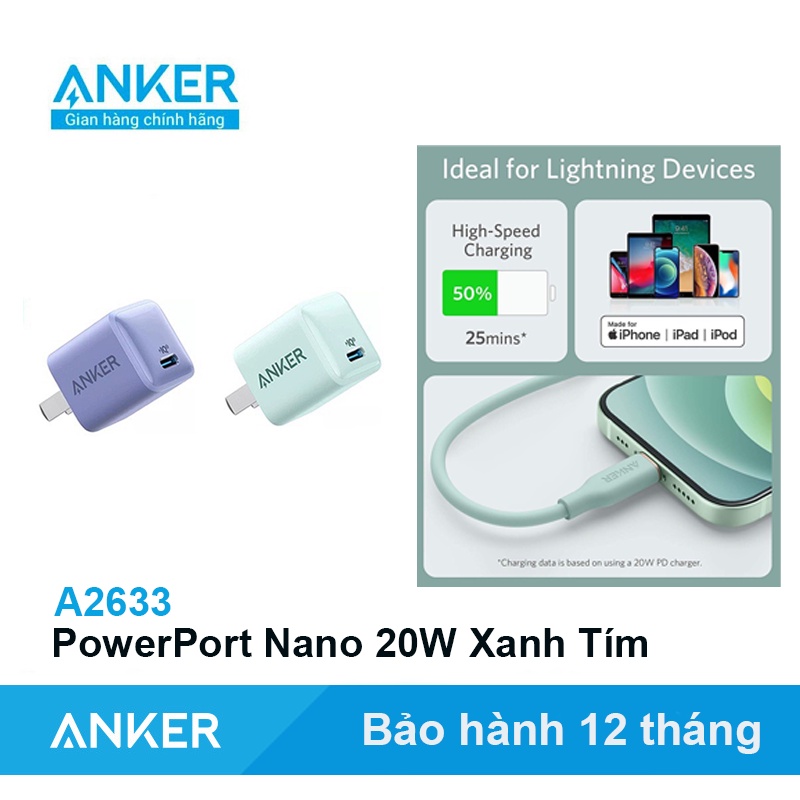 Bộ Sạc nhanh Anker Nano III 20W Nano 1 Cổng + Cáp Powerline III Flow A2633 + A8662 Tím Lavender Xanh Mint