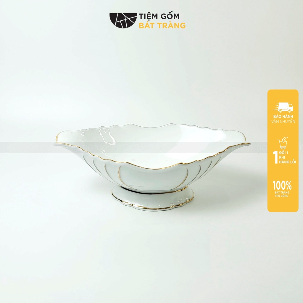 Bát Thuyền Bát Đĩa Đựng Gà Cúng Nguyên Con Gốm Sứ Bát Tràng Cao Cấp Màu Trắng Và Kẻ Vàng