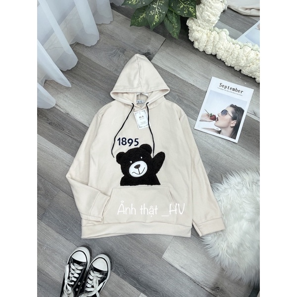 Áo hoodies nỉ mũ gấu thêu 1895