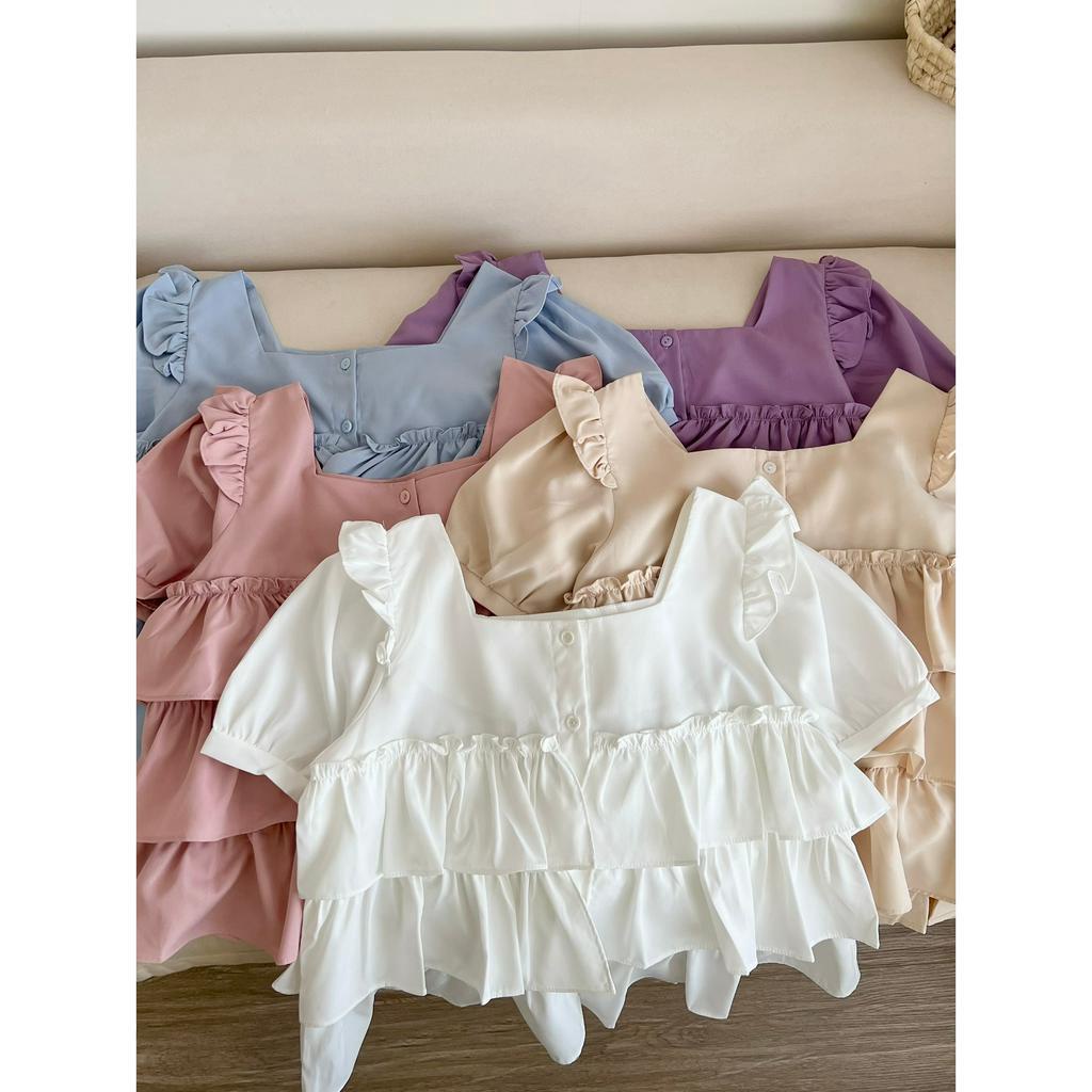 Áo sơ mi cổ vuông chất thô mát bèo tầng, áo kiểu babydoll xinh
