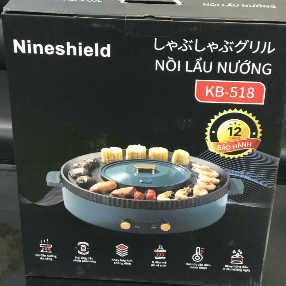 Nồi lẩu nướng đa năng 2 trong 1 NINESHIELD Chính hãng hàng loại 1, Bếp lẩu nướng không khói 2 ngăn đa năng tiện lợi