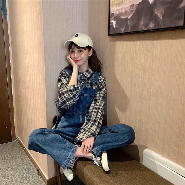 Quần yếm jean viền chỉ nổi ống suông ulzzang 3259