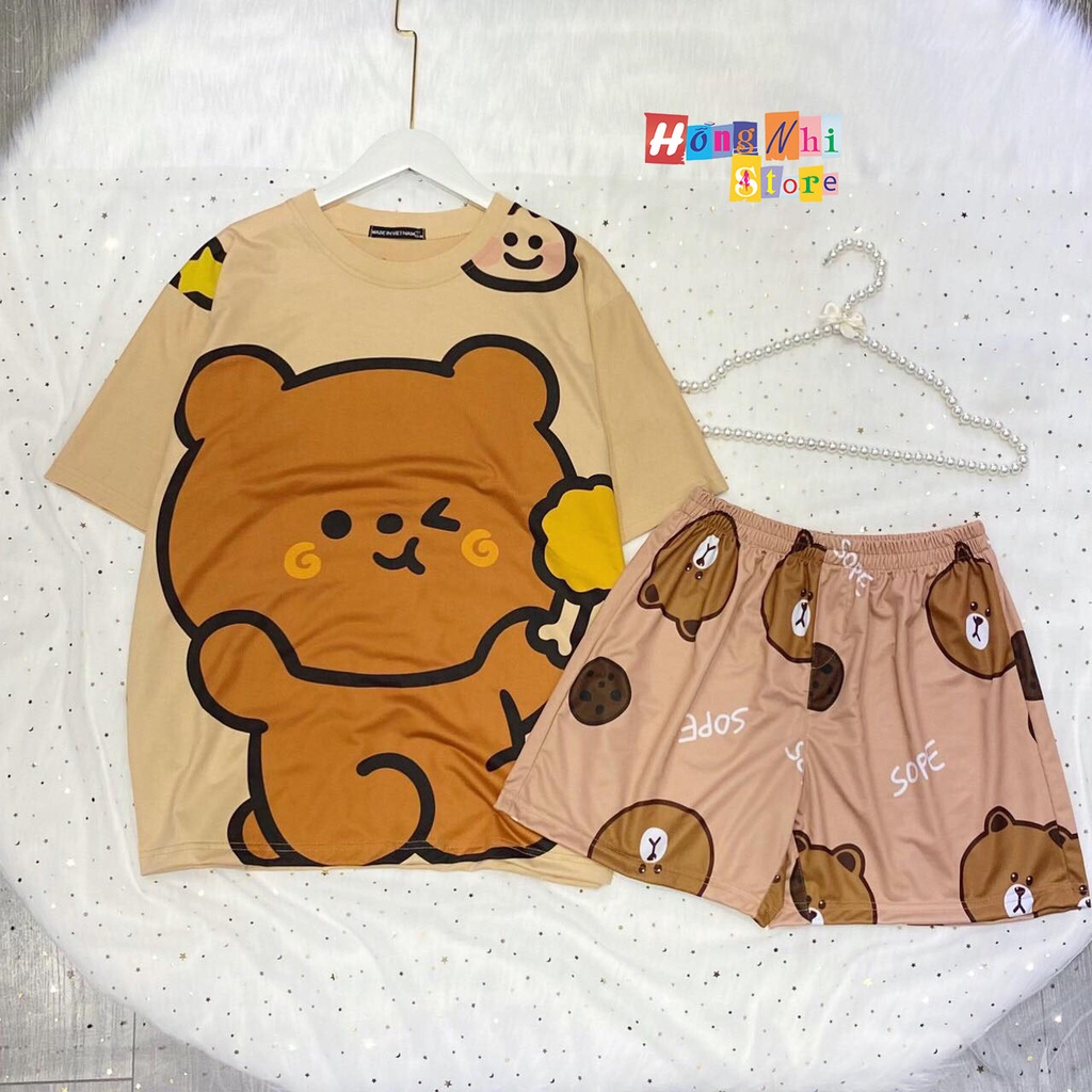 Set Bộ Thun Mặc Nhà Ngủ Tay Lỡ Phối Quần Short Hoạt Hình Oversize Ulzzang Dáng Rộng D2 - MM