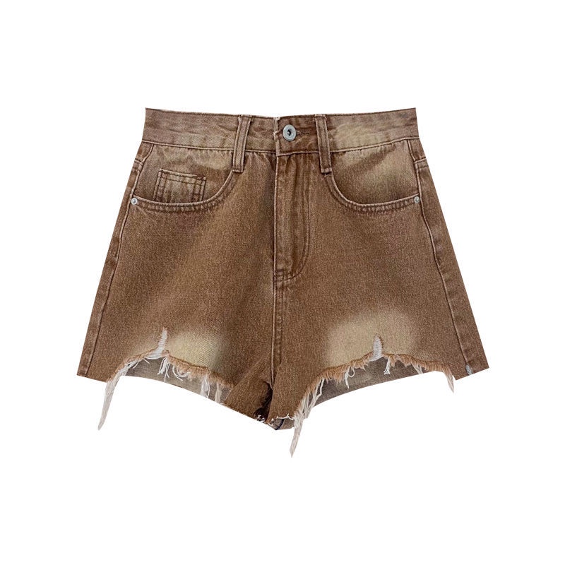 Jiashucheng Quần Short Denim Lưng Cao Ống Rộng Phối Rách Kiểu Retro Mỹ Thời Trang Mùa Hè Cá Tính