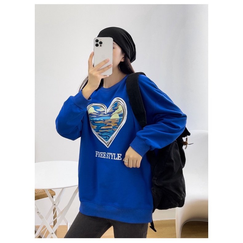 Áo sweater nỉ nữ Familylove – Áo Trái Tim Love chữ FreeStyle Nỉ Da Cá Cotton 100% Cao Cấp 2 màu Xanh Bích và Đen