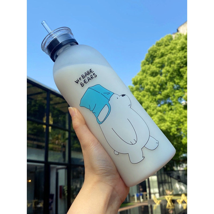 Bình Nước Nhựa Trong Suốt Cỡ Lớn Chống Tràn 1000Ml In Hình Gấu Đáng Yêu