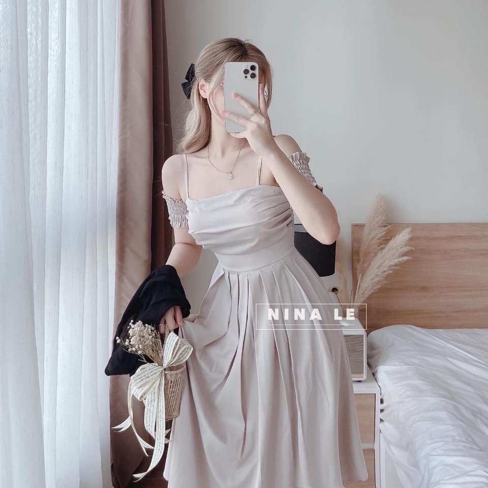 Váy hai dây, đầm maxi xếp ly, tay bèo rời, chun lưng, khóa sườn màu da xếp tầng ngực, nhẹ nhàng, tiểu thư - Fullsize sẵn