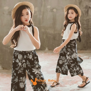 Set Áo Cổ Yếm Không Tay + quần ống rộng In Hoa Thời Trang Cho Bé Gái