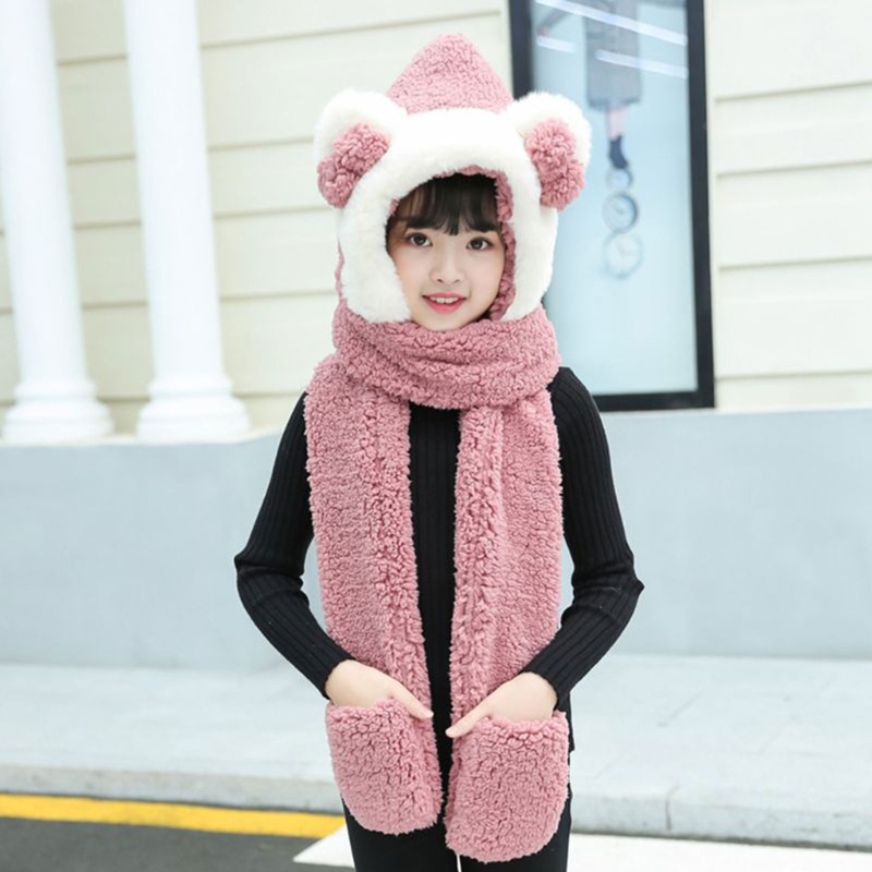 Set mũ tai gấu + găng tay + khăn lông thắt nơ ấm áp dễ thương mùa đông cho bé