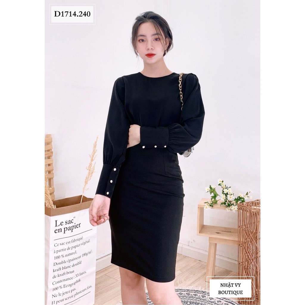 Áo Nữ NHẬT VY Cổ Tròn Đính Cúc Tay Dài Công Sở Chất Mango Màu Đen, Trắng, Nude  - D1714