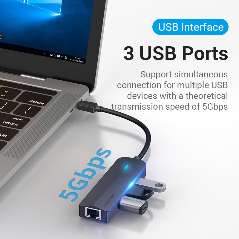 Thiết bị kết nối đa cổng VENTION cho laptop 5 trong 1 từ USB type C sang USB 3.0/ cổng mạng RJ45 /Micro-B