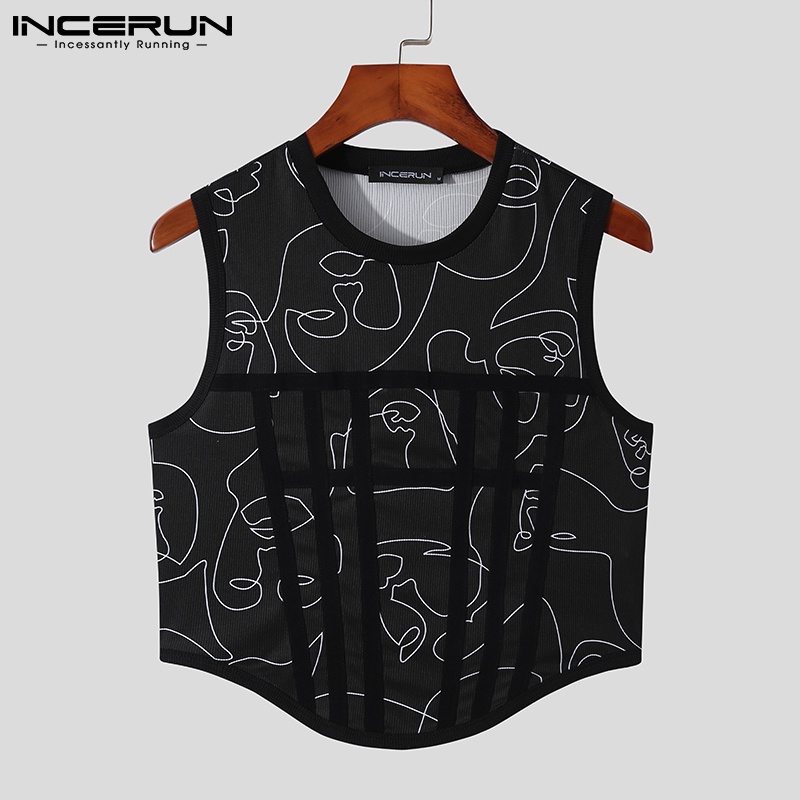 Áo croptop INCERUN sát nách cổ tròn ôm dáng in họa tiết thời trang mùa hè cho nam