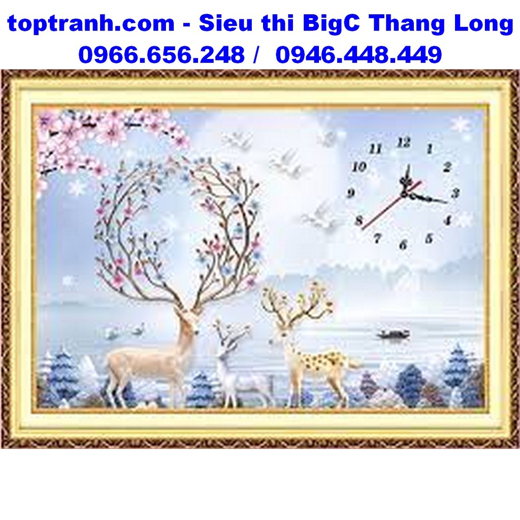 Tranh thêu chữ thập đồng hồ con hươu tài lộc may mắn E194 chưa thêu