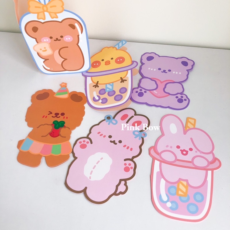 Thiệp giấy tặng quà sinh nhật hình con Gấu / Thỏ / Gà ôm bình Trà Sữa